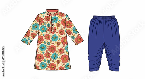 A colorful floral print kurta with blue salwar pants, presented as a flat lay.