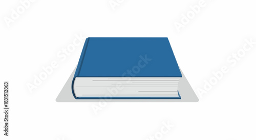 Illustration of a blue book lying flat on a white surface, viewed from a low angle.