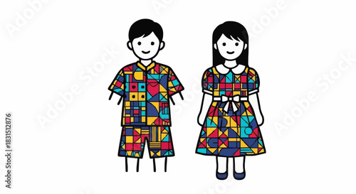 Illustration of a boy and girl standing together wearing colorful geometric patterned clothing.
