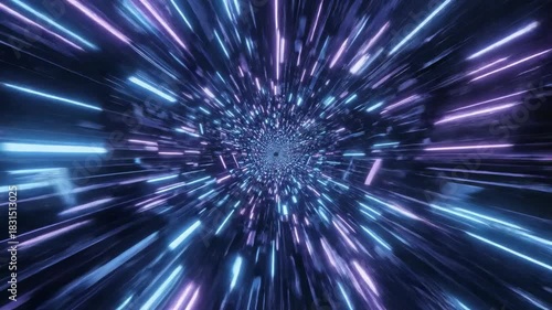 Seamlessly looping neon blue and purple glowing tunnel zooming infinitely forward creating an abstract digital pathway background glowing, blue, presentation