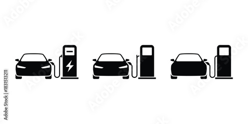 Electric and gasoline car charging and fueling station icon set on white background