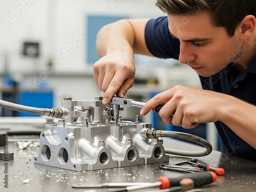 Focused young engineer assembling intricate precision machinery part in a modern workshop