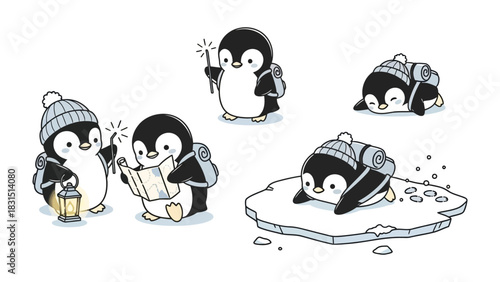 Penguin Adventure: Adorable penguins embark on a delightful journey, exploring the arctic landscape with maps, lanterns, and backpacks, creating a scene of whimsical exploration and discovery.