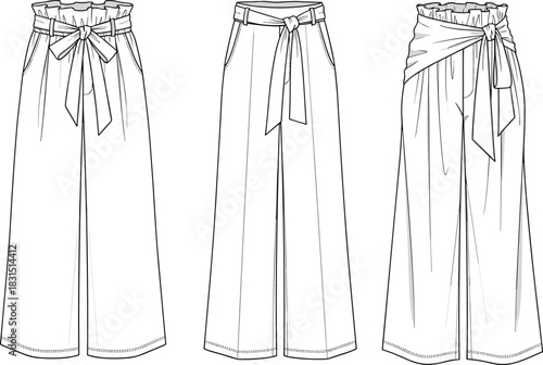 Three high waist wide leg pants with belt tie front, fashion cad template, flat vector technical drawing, digital illustration sketch