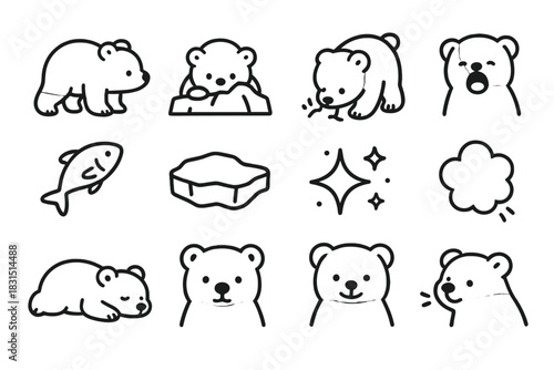 Polar Bear Icons. Cute polar bear illustration. Line outline icon set of Cute polar bear illustration: polar