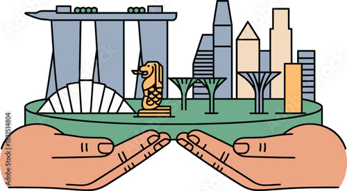 Singapore cityscape illustration featuring famous landmarks held by cupped hands transparent background