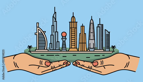 Stylized illustration featuring famous dubai city landmarks including burj al arab tower on cupped hands.