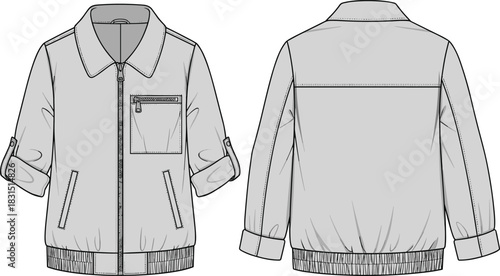 Zipper bomber jacket technical sketch, front and back flat view, detailed pocket design, turn-up sleeves, casual fashion outerwear vector drawing