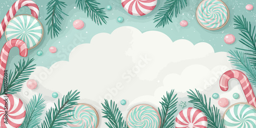 Vector christmas festive holiday background with candy canes lollipops and pine branches for christmas season design