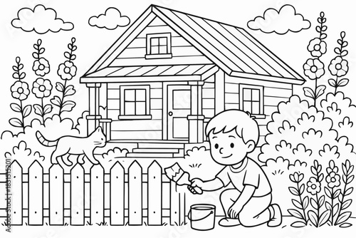 Children's coloring book - Boy painting a fence beside a house and cat in a garden scene  