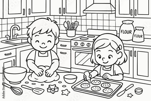 Children's coloring book - Children baking cookies together in a kitchen with utensils  
