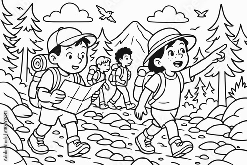 Children's coloring book - Group of children hiking on a trail with backpacks in nature  