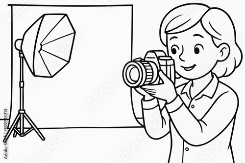 Children's coloring book - Young woman holding camera while preparing for photoshoot in studio  