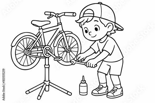 Children's coloring book - Young boy repairing bicycle with tools on work stand at home  