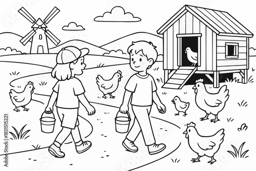 Children's coloring book - Children walking with buckets near chicken coop on farm  