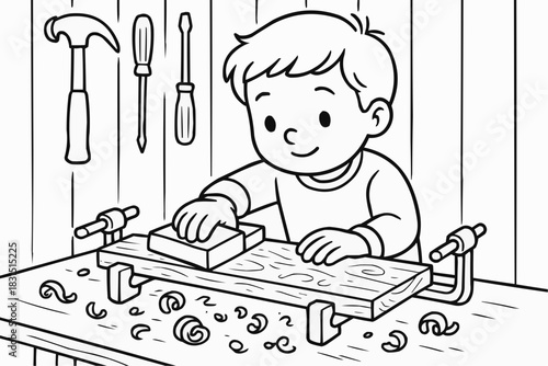 Children's coloring book - Young boy working with wood and tools in workshop  