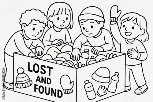 Children's coloring book - Children searching through lost and found box for missing items  