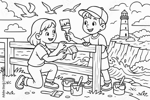 Children's coloring book - Children painting fence while smiling near lighthouse by the ocean  