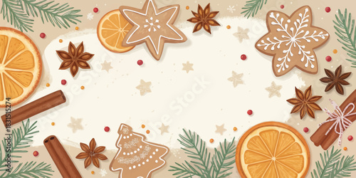 Vector christmas festive christmas background with gingerbread cookies, orange slices, cinnamon sticks, and star anise spice