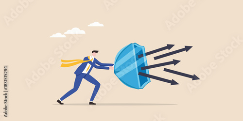 Businessman defends against incoming arrows with a shield
