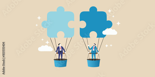 Businessmen ascend with puzzle pieces in hot air balloons