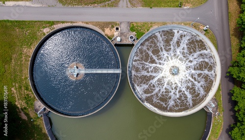 Aerial view showing two circular water treatment tanks with different processes.
