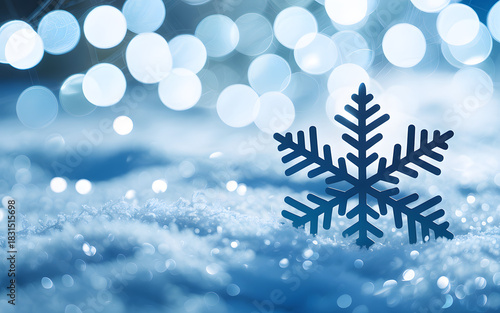 Stylized dark blue snowflake stands on snow with abstract bokeh background