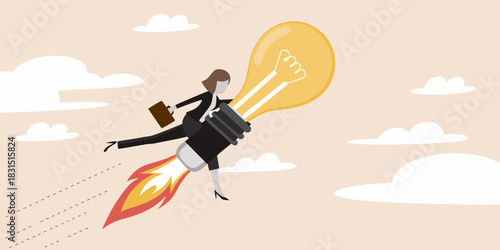 Businesswoman riding a rocket powered light bulb through the sky