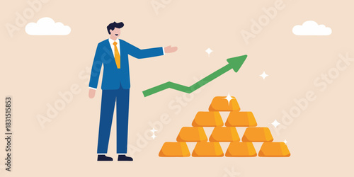 Businessman presents growing stack of gold bars with upward trend arrow