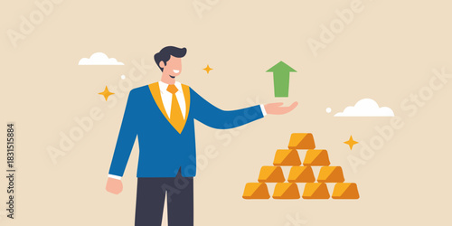 Businessman holding upward arrow above stack of gold bars
