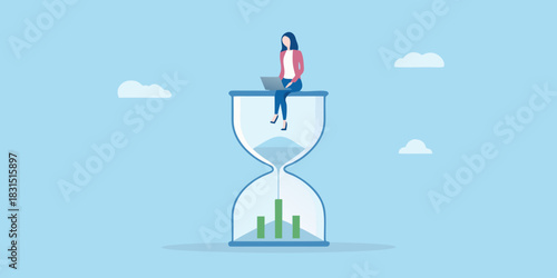 Woman working on laptop on top of hourglass with growing bars