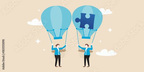 Two people in hot air balloons with a puzzle piece symbolizing teamwork