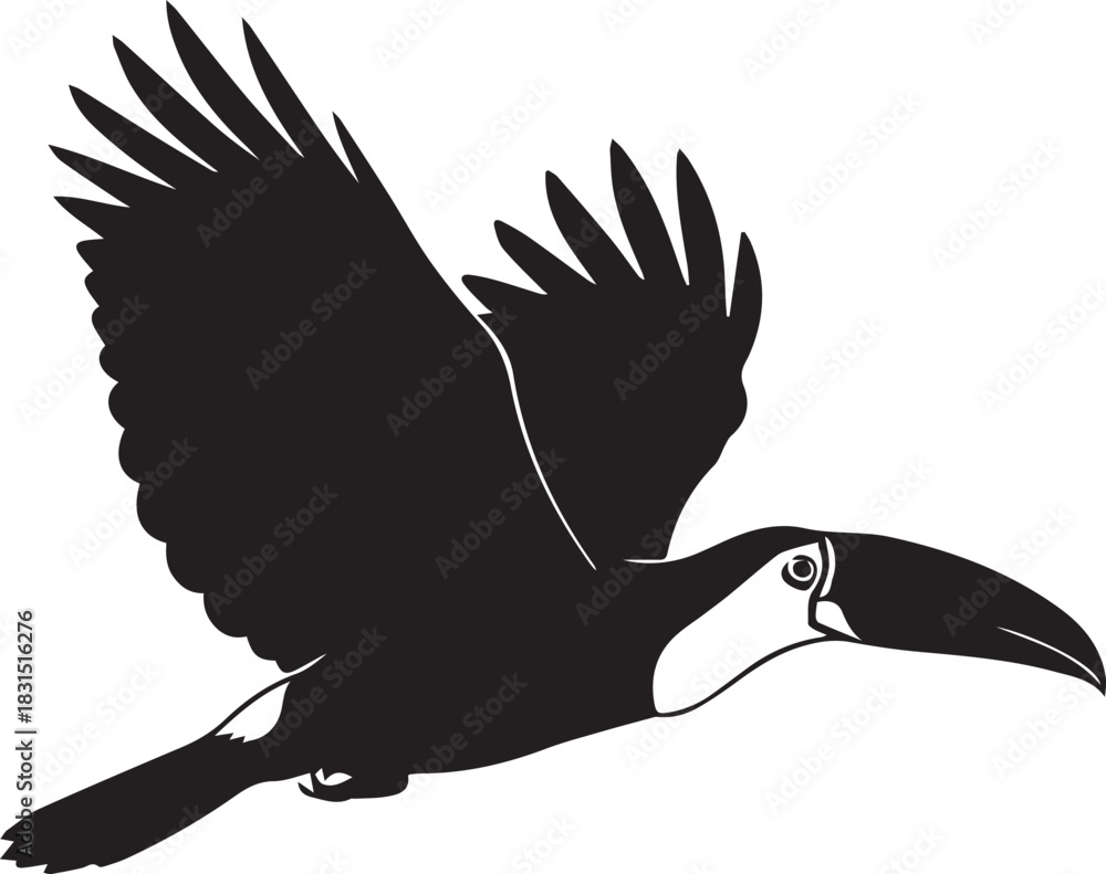 Fototapeta premium Flying keel billed toucan silhouette vector flat illustration design