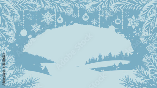Vector christmas winter scene with snowflakes pine branches ornaments and a forest silhouette in a light blue color scheme