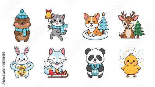 Animated Animal Collection: A delightful ensemble of charming, illustrated animals with festive decorations, offering a whimsical touch and versatile usage