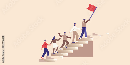 Team climbing stairs to success with leader holding flag at the top