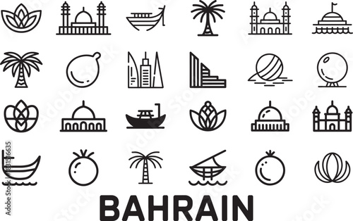 Bahrain country line art icons set collection of famous landmarks architecture and cultural symbols