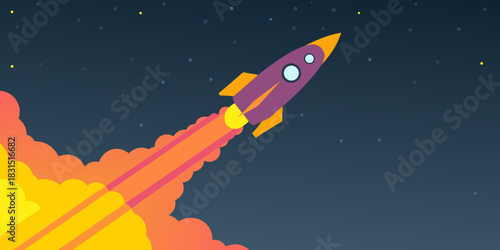Cartoon rocket launching into space with fire and stars