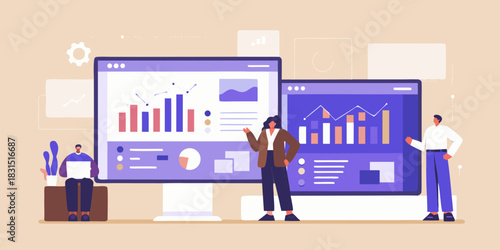 Team analyzing data on large computer screens business strategy and statistics