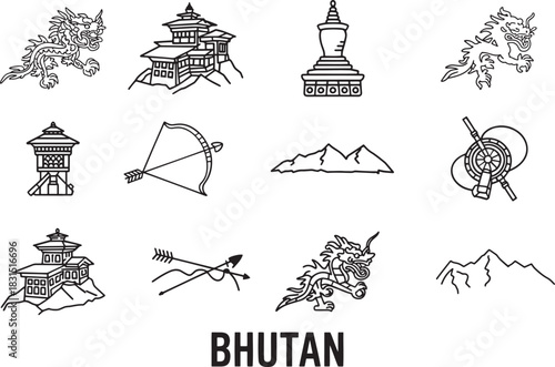 Bhutan country tourism symbols collection features iconic traditional dzong architecture dragons and himalayan peaks.