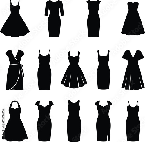 Collection of women's dress silhouettes showcasing vintage and modern styles elegant cocktail sundress sheath wrap maxi midi formal vector icons