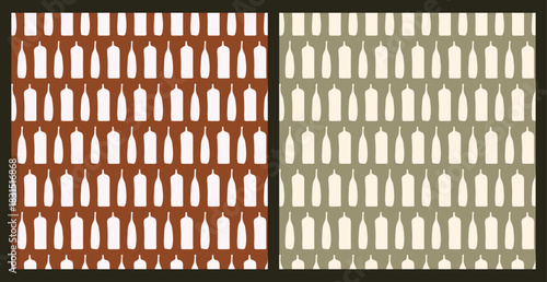 Pattern pack of seamless rows of abstract bottle and tall vase silhouettes on terracotta and sage green backgrounds