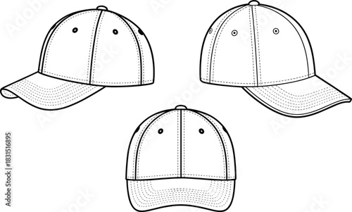 Baseball cap illustration, front, side, back views, stitching details, vent holes, unisex hat sketch, sporty casual fashion drawing, minimalist line art apparel design template
