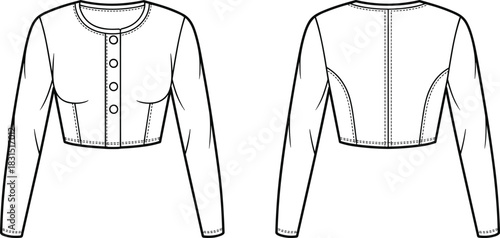 Cropped cardigan vector, button front sweater sketch, long sleeve knit top outline, fashion illustration template, casual apparel line art, front back view isolated design asset