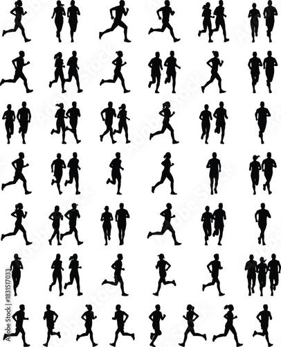 Dynamic runner silhouette set featuring male and female jogging, sprinting, and group running poses in vector format for fitness designs
