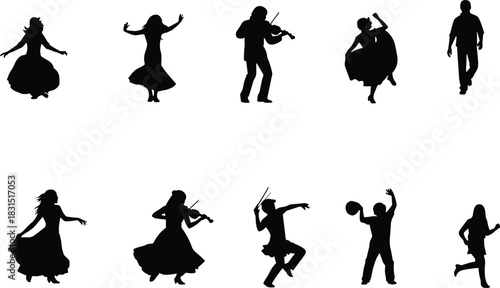 Dance silhouettes collection, violin orchestra silhouette, flamenco dress dancer, drumstick motion pose, walking figure outline, unisex movement sketch, black vector set
