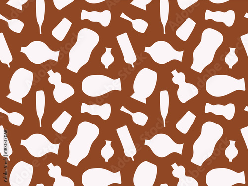 Seamless abstract boho pattern with white ceramic vase and pottery silhouettes on terracotta background for fabric or wallpaper