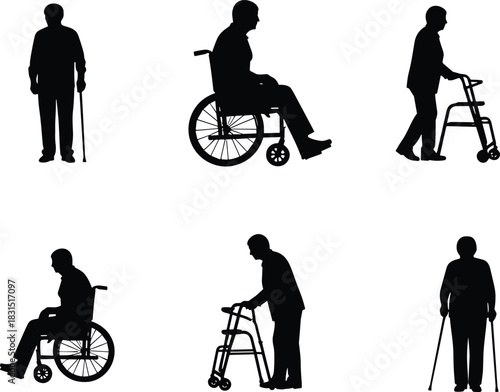 Disabled people silhouette set, wheelchair vector, elderly person with cane, medical walker support outline, accessibility sketch, rehabilitation movement icons, unisex mobility illustration