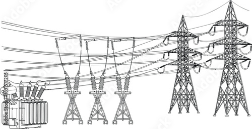 Electrical high voltage infrastructure illustration, power transformer station, transmission pillars, insulators, energy grid drawing, industrial engineering sketch, utility vector outline design