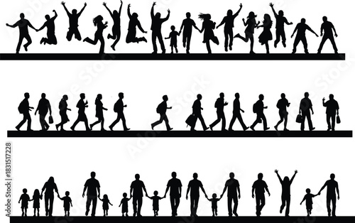 Family silhouettes set, crowd walking silhouette line, people jumping outline, parents holding children hands, unisex group sketch, togetherness art, community vector pack
